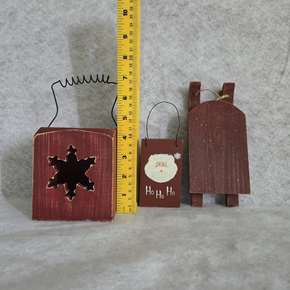 VTG Handpainted Wood Ornaments 3PCS Burgundy Snowflake Basket/Sled/Santa Block